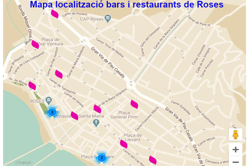 Mapa de bars i restaurants de Roses amb servei a domicili i per emportar